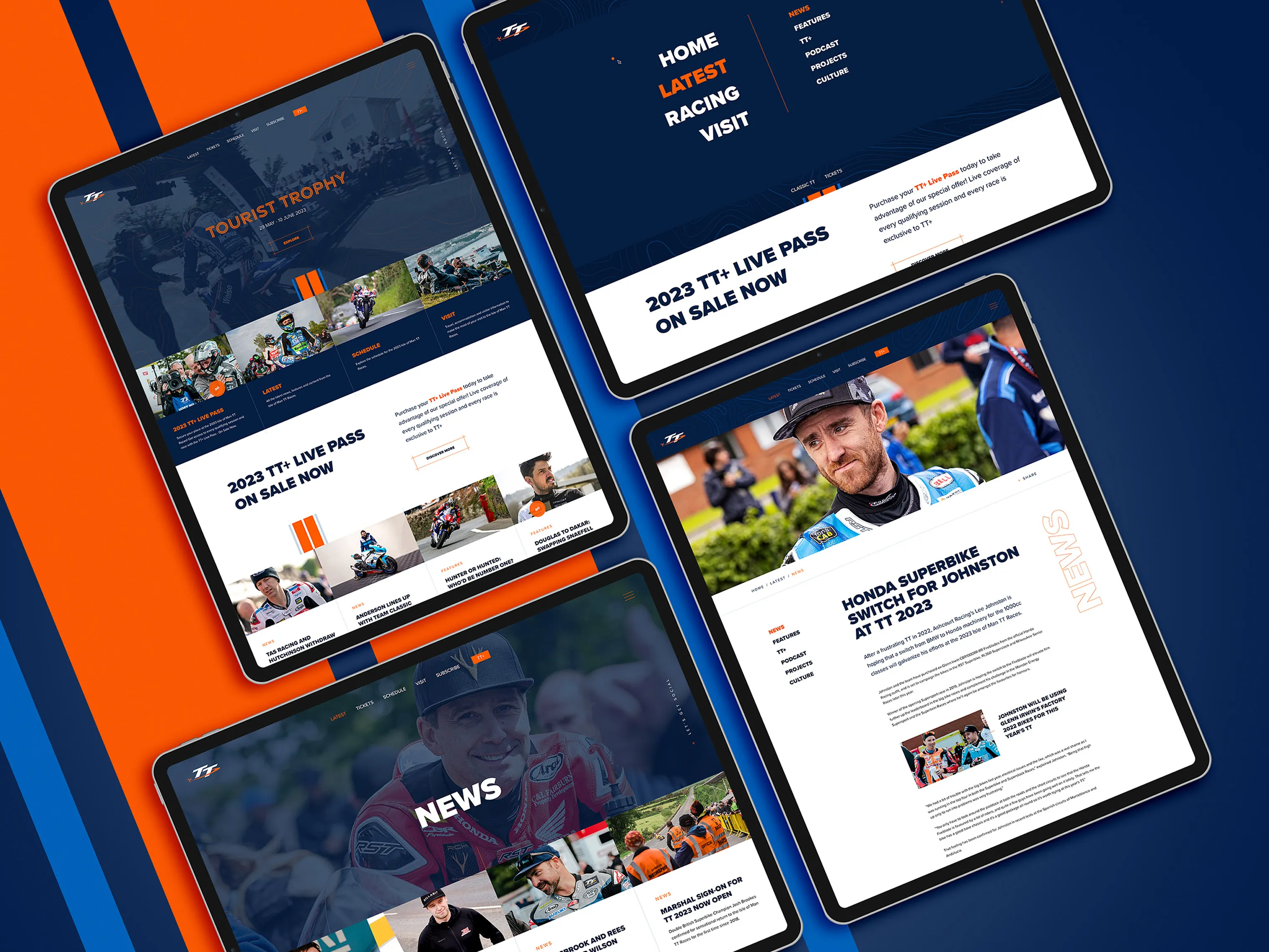 Four tablet screens showing pages from the Isle of Man TT Races website iomttraces.com built by DotPerformance, including the Tourist Trophy homepage, main navigation menu, TT+ Live Pass page, a rider news article, and the news index